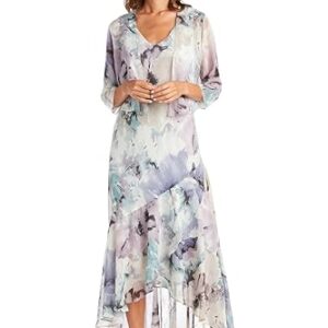 R&M Richards Women’s Elegant Floral High-Low Chiffon Dress W/ 3/4 Sleeve Sheer Cropped Bolero | Daytime Whimsical Sundress Blue/Lavender