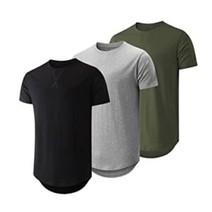 JMIERR Men\’s 3 Pack Cotton Hipster Hip Hop Longline Crewneck T-Shirt, Short Sleeve Gym Workout Athletic T Shirts for Men Pack,M, Black/Light Grey/Army Green