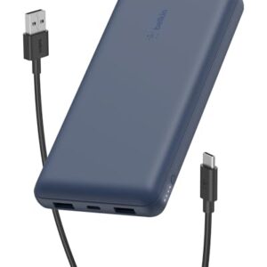 Belkin Portable Charger, USB C Power Bank 20000 mAh w/ 2 USB-A Ports, 15W w/ Type-A to Type-C Cable – iPhone 17, Air, Pro, Pro Max, AirPods, Samsung Galaxy S25, S24, Google Pixel 10, iPad, etc. – Blue