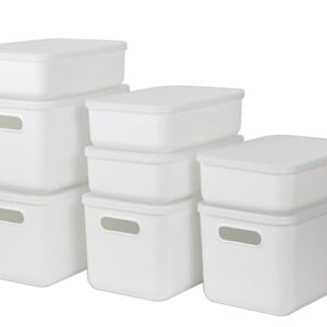 ZEXALOR 8 Pcs Storage Bins with Lids, Stackable Plastic Storage Containers for Organizing, Organizer Bins Shelf Baskets for Pantry Cabinet Shelves Desktop Freezer Drawer Organization (White, 4M+4S)