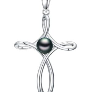 KANNSOAR Tahitian Black Pearl AAAA 18K White Gold Plated Sterling Silver Religious Cross Pendant Necklace for Women Wife Mom Girlfriend Her Jewelry Gift for Anniversary Birthday