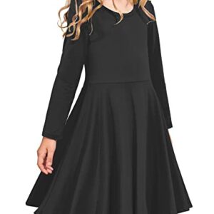 Arshiner Girls Long Sleeve Stretchy Dress A line Twirly Skater School Party Dress Black Tween 8 Years