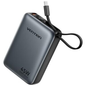 VENTION 45W Power Bank, CCC Certified 20000mAh with Built-in USB-C Cable, Fast Charging Travel Portable Charger with LED Digital Display for iPhone 17/16/15 Xiaomi Galaxy S26/S25 iPad Laptop(Gray)