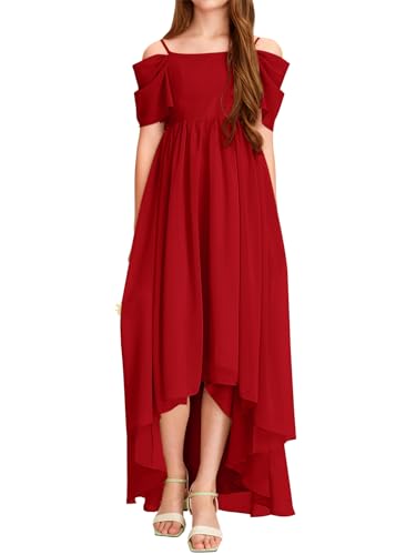 Haloumoning Girls Cold Shoulder Dress A-line Asymmetrical Chiffon Junior Bridesmaid Birthday Party Dress Red - Image 6
