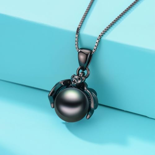 KANNSOAR Tahitian Black Pearl 8MM AAAA 18K Black Gold Plated Sterling Silver Bat Pendant Necklace for Women Wife Mom Girlfriend Her Jewelry Gift for Anniversary Birthday Halloween - Image 2