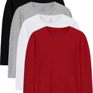 HoeVou 4 Pack Boys Long Sleeve Shirts Soft Cotton Basic Tees Youth Boys Long Sleeve T-Shirts Layering Shirts Tagless 7-8Y