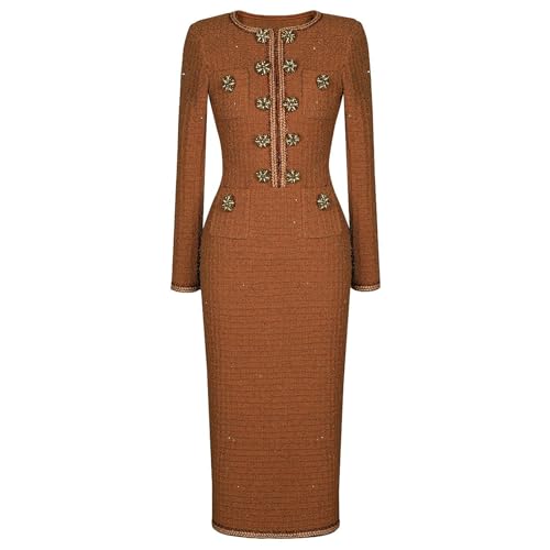 Women Knit Dress Round Neck Slim Fit Long Sleeve Dresses Office Casual-Red-Medium - Image 4