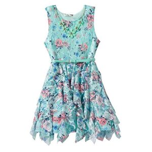 Knitworks Girls Floral Chiffon Corkscrew Skirt Dress, Mint (12)