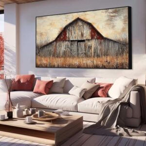 Vintage Barn Canvas Art – Old Farmhouse Wall Decor, Large Black Framed (71″x35″|180x90cm)