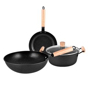 3PCS Cookware Set Wok Frying Pan Saucepan with Lid Pots Pans Set Maifan Stone Nonstick Egg Pan Cooking Tools