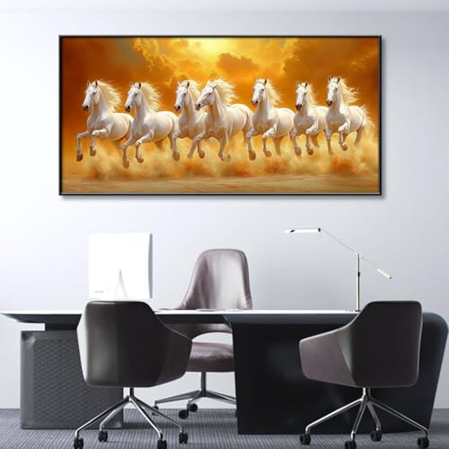 7 Running White Horses Canvas Wall Art, Horse Pictures Wall Decor, Horse Canvas Wall Art Large, Horse Themed Wall Decor (Gold Metal Framed, 70"x 35"| 180x90cm) - Image 2