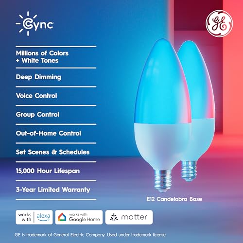 GE Cync Smart LED Light Bulbs, Color Changing Decorative Light Bulbs, Indoor WiFi Lights, Matter Compatible, Compatible with Alexa and Google Home, Candelabra Base (3 Pack) - Image 2