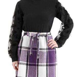 AlisOker 2-Piece Girls Skirt Set Winter Plaid Skirt Set Casual Fall Long Sleeve Rib Knit Shirt Tops Dress Outfit with Pockets