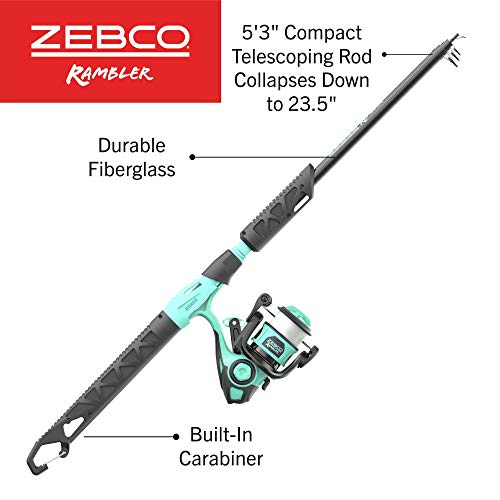 Zebco Kids Rambler Telescopic Spinning Reel and Fishing Rod Combo, 23.5-Inch to 5-Foot 3-Inch Telescoping Fishing Rod, Size 20 Reel, Pre-Spooled with 8-Pound Cajun Line, Seafoam/Black - Image 2