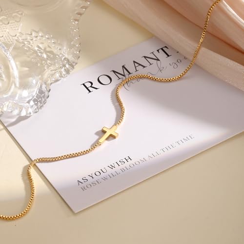 Rotnso Cross Necklace for Women 14K Gold Plated Dainty Small Sideways Cross Pendant Choker Simple Trendy Cute Cross Charm Box Chain Necklace Easter Basket Stuffers Baptism Religious Faith Jewelry Gift - Image 6