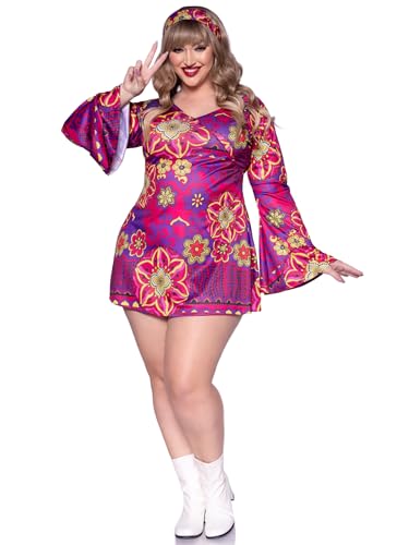 Leg Avenue womens - 2 Piece Hippy Girl Dress Set Flower Bell Sleeved Dress With Matching Headband for Women Adult Sized Costumes, Multi, Medium Large US - Image 3