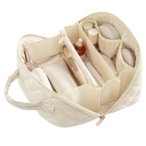 2026 Travel Makeup Bag, Travel Makeup Bag Organizer, Wide Open Lay-Flat Water-Resistant Large Cosmetic Case, Puffy Padded Organizer for Toiletries & Brushes Large Capacity with Compartments (White)