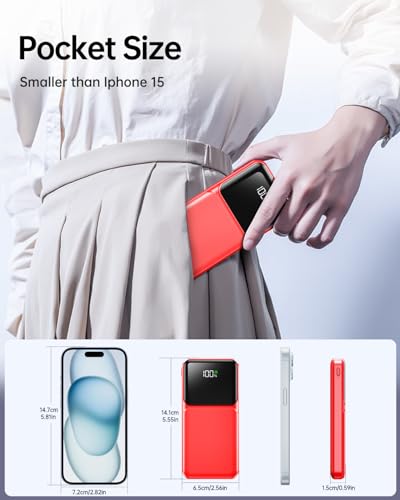 RONEGN Portable Charger with Built in Cable -20000mAh Fast Charging Power Bank USB C Slim 22.5W LED Display Battery Pack 5 Outputs & 3 Inputs for Travel Essentials iPhone Samsung Phones Red - Image 7