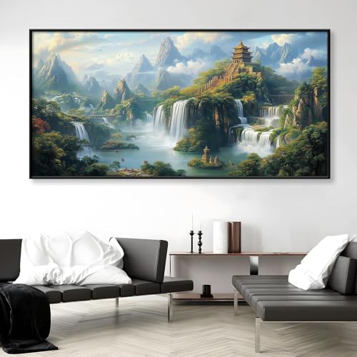 Fantasy Waterfall Canvas Wall Art, Japanese Temple Canvas Wall Art, Buddhist Architecture Art, Mountain Landscape Canvas Wall Art, Asian Mythology Wall Art, Living Room Wall Decor (Gold Framed, 71"x35" | 180x90cm) - Image 6