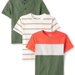 The Children’s Place,Boys,Short Sleeve Knit T-Shirts,Orange Colorblock/Striped/Green 3-Pack,XX-Large