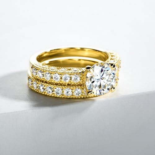 Idocare 2 ct All Moissanite Wedding Rings Set for Women D Color Round Cut Yellow Gold Plated 925 Sterling Silver Engagement Jewelry size 5 - Image 3