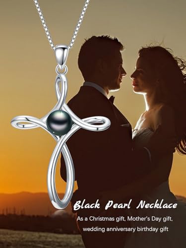 KANNSOAR Tahitian Black Pearl AAAA 18K White Gold Plated Sterling Silver Religious Cross Pendant Necklace for Women Wife Mom Girlfriend Her Jewelry Gift for Anniversary Birthday - Image 6