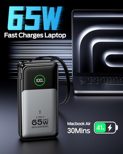 MOVE SPEED Portable Charger Laptop Power Bank 20000mAh 65W, Travel Essentials Battery Pack with Built-in Retractable USB-C Cable & Wall Plug, for MacBook/iPhone 17/16/15/iPad/Galaxy/Dell/HP and More - Image 4