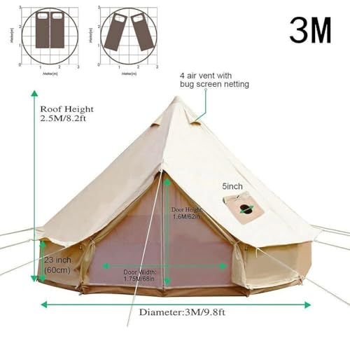 3m/4m Yurt Tent with Stove Hole Camping Family Tent Cotton Canvas Truck Tent Large Space Pyramid Tent for Outdoor Party Picnic (Khaki 300X300X200CM) - Image 7