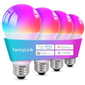 Fancylink Matter Smart Light Bulbs, Color Changing Light Bulb, hub Required, A19 60W,2.4Ghz WiFi only,Compatible with Alexa Google Assistant, Apple Home,16 Million Colors RGBCW 800 Lumens,4 Packs