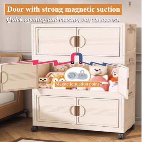 RUJHGL Large Stackable Storage Bins Plastic Storage Bins with Lids Foldable Storage Bins with Magnetic Doors & Wheels Milk White - Image 6