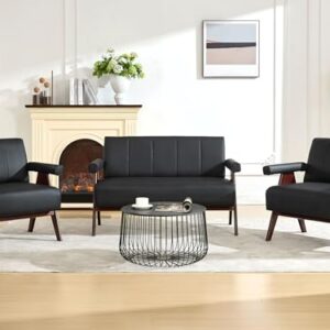 STHOUYN Black Leather Loveseat Sofa and Accent Chairs Set of 2, Mid-Century Modern Office Furniture Couch and Chair Set, Small Love Seat Couches with Wood Arm, 3 Pieces Living Room Furniture Sets (3)