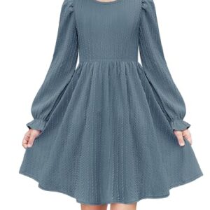 Arshiner Girls Dusty Blue Knit Dresses with Pockets Fall Long Sleeve Casual Outing Kids Dress