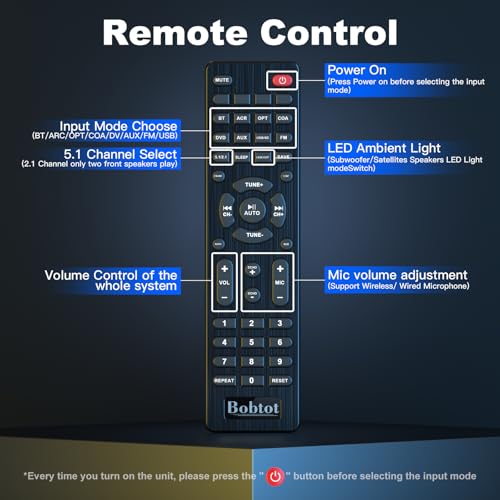 Bobtot Surround Sound Systems Home Theater System - 1200 Watts Peak Power 10" Subwoofer 5.1/2.1 Wired Audio Stereo Speakers Strong Bass with ARC Optical AUX Bluetooth Input - Image 8