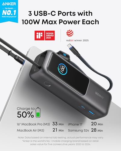 Anker Laptop Power Bank, 25,000mAh Portable Charger with Triple 100W USB-C Ports, Built-in Retractable Cables, Flight-Approved for Travel, iPhone 17/16 Series, MacBook, Samsung, and More - Image 2