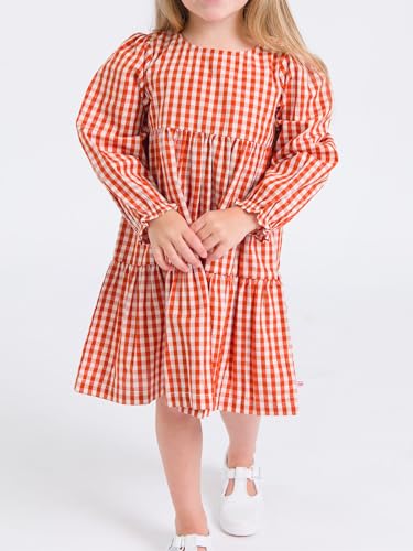 RuffleButts Baby/Toddler Girls Woven Long Sleeve Tiered Twirl Dress - Classic Rust Gingham, 4T - Image 2