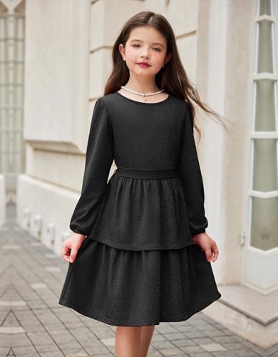 Arshiner Girls Fall Dress Sparkly Shimmery Puff Sleeve A-Line Layer Fancy Party Dresses with Belt Black 5-6 Years - Image 5