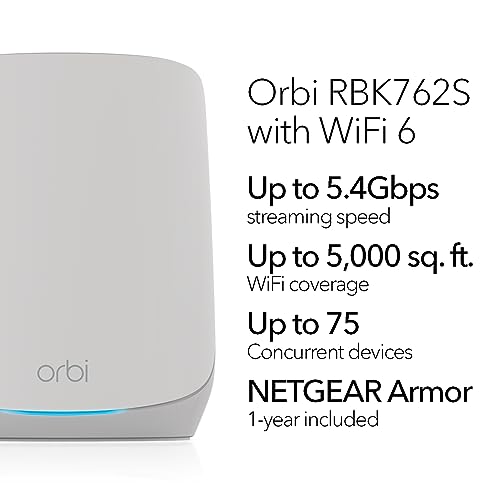 NETGEAR Orbi Tri-Band WiFi 6 Mesh Network System (RBK762S) – Router + 1 Satellite Extender, Security Features, Up to 5.4 Gbps, Covers up to 5,000 sq. ft, 75 Devices, Free Armor Security - Image 2