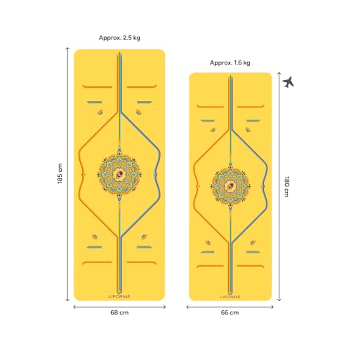LIFORME Printed Yoga Mat & Travel Mat Bundle Pack – Patented Alignment System, Eco-Friendly, Non-Slip Warrior-Grip, Made with Natural Rubber, Thick, Sweat Resistant, Comfortable - Yellow/Yellow - Image 2