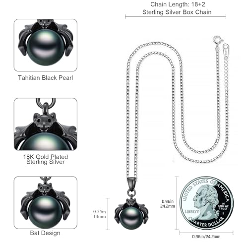 KANNSOAR Tahitian Black Pearl 8MM AAAA 18K Black Gold Plated Sterling Silver Bat Pendant Necklace for Women Wife Mom Girlfriend Her Jewelry Gift for Anniversary Birthday Halloween - Image 6