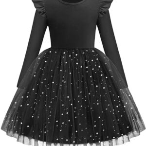Arshiner Toddler Tulle Dress Sequin Tutu Long Sleeve Ruffle Party Birthday Fall Winter Star Dresses Black 5T