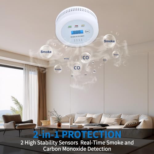 2 in1 Smoke Detector Carbon Monoxide Detector Combo,with LCD Digital Display and Sound Warning Test Button,Battery Powered,Easy Installation, for Home, Bedroom, Kitchen (1PACK) - Image 4