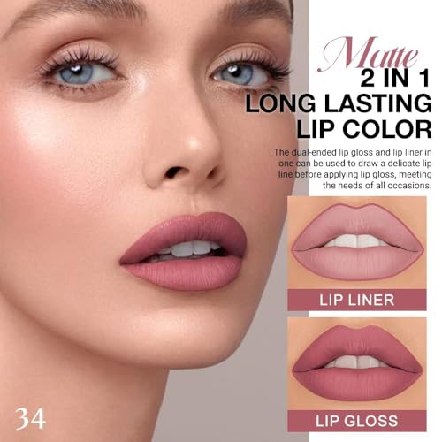 evpct 1Pcs Neutral Mauve Matte Lip Liner and Liquid Lipstick Stain Makeup Set for Women, Mauve Long Lasting Smudge Proof Lipstick labiales matte mate larga duracion listip 24 hours originales, 34# - Image 2