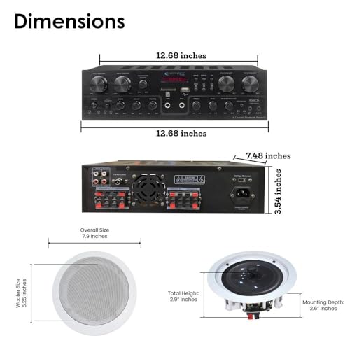 Home Theater System Kit, 4 Channel 1000 Watts Bluetooth Receiver with 5.25" 8 Qty of 175W in-Wall in-Ceiling Speakers & 16 Gauge 500 ft. Spool of Speaker Zip Wire by Vaiyer - Image 2