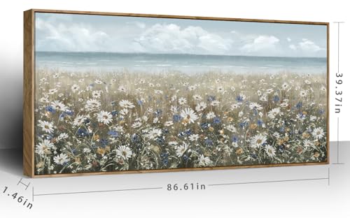 Extra Large Framed Wall Art Blue Seaside And White Flower Wall Decor Farmhouse Art Work Natural Scenery Prints Modern Landscape Picture For Living Room Bedroom Office Hallway 86"x39" - Image 3