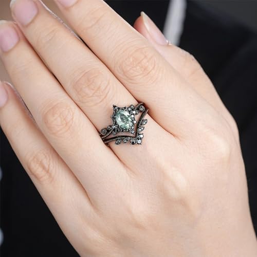Yusaglow High-grade Vintage 2CT Oval Cut Nature Moss Agate Wedding Ring Set Gothic Moss Agate Women Bridal Ring Anniversary Jewelry Gifts Black Gold Plated S925 Silver,Style10,Size7 - Image 5