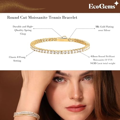 18K Yellow Gold Plated Silver Bracelet With 14.50 TCW Lab Grown Moissanite (D Color, Round Brilliant, VVS Clarity), Handcrafted Sustainable Fine Jewelry - Image 6