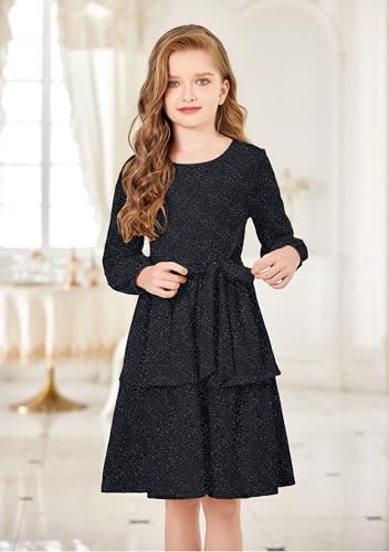 Arshiner Girls Fall Dress Sparkly Shimmery Puff Sleeve A-Line Layer Fancy Party Dresses with Belt Black 5-6 Years - Image 3