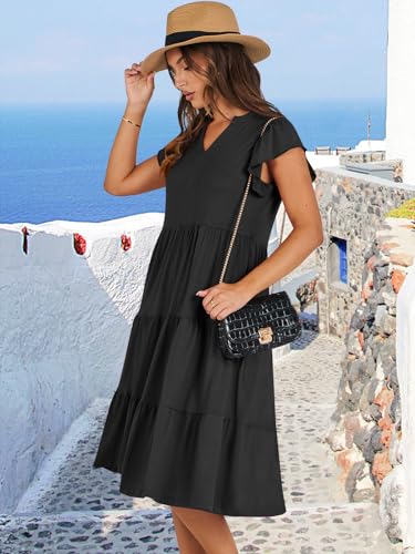 ANRABESS Womens Summer Dress Ruffle Sleeve V Neck Midi Dresses Fashion Casual Fit Flowy Tiered Boho Beach Vacation Sundress Black-L - Image 3