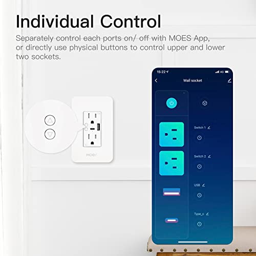 MOES Smart USB Wall Outlet Receptacle with Type-C & Type-A Charger, 2.4GHz Wi-Fi in-Wall Plug Socket 4 Pack, Remote Individual Control On/Off 15Amp, NO Hub Required - Image 3