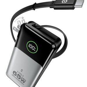 MOVE SPEED Portable Charger Laptop Power Bank 20000mAh 65W, Travel Essentials Battery Pack with Built-in Retractable USB-C Cable & Wall Plug, for MacBook/iPhone 17/16/15/iPad/Galaxy/Dell/HP and More